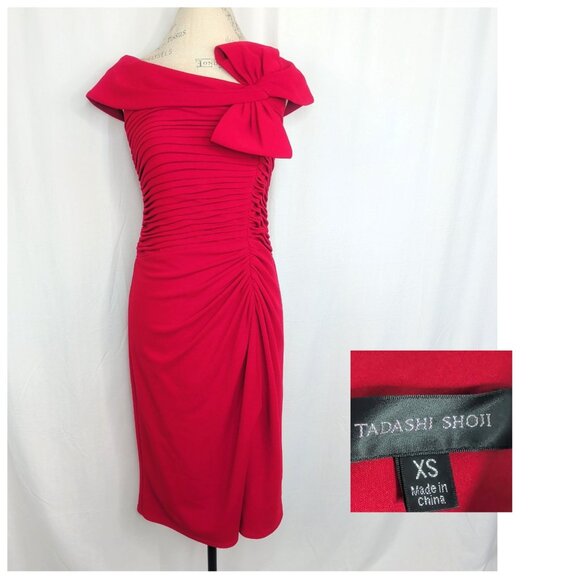Tadashi Shoji Dress XS X Small Red Draped Bow Midi - Picture 2 of 10